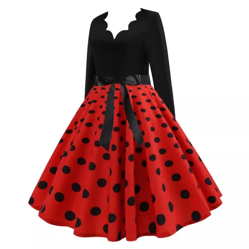 Retro Polka Dot V Ne Long Sve Maxi Dr con Bell Bot Ribbon A-Line Silhouette Pendolarismo Sle Miscela di cotone a vita media