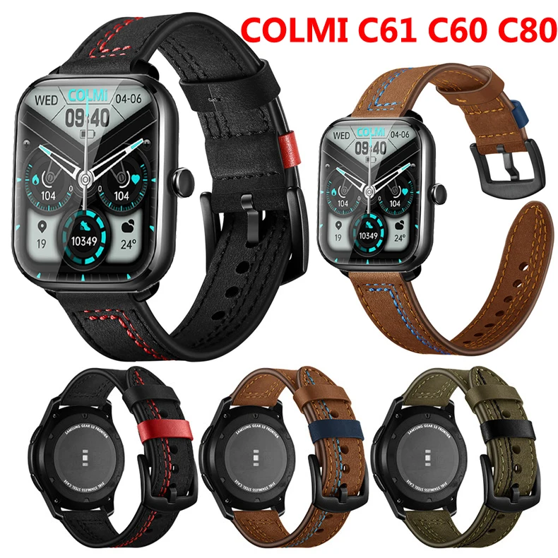

Ремешок кожаный для смарт-часов COLMI C61 C60 C80, быстросъемный Повседневный мягкий браслет для наручных часов, 20 мм 22 мм