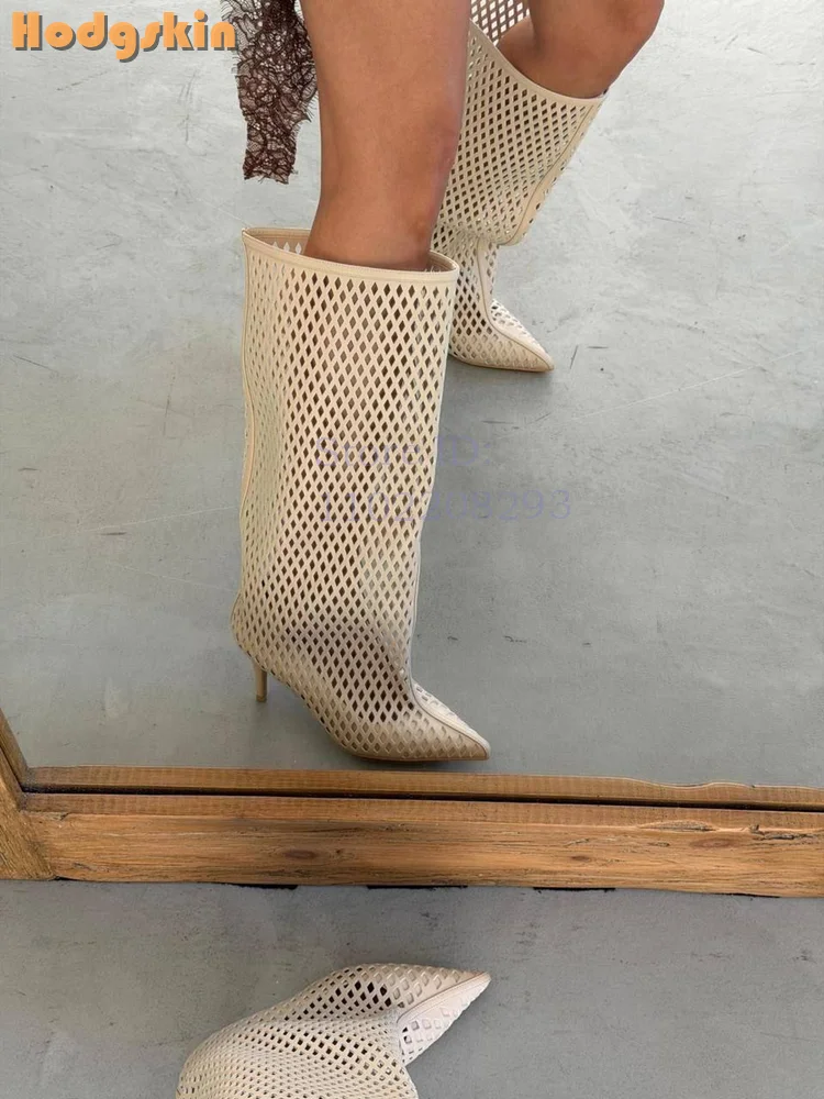 Spitze Goldene Hohlstiefel mit Mittelhohem Schaft, Atmungsaktive Slip-on High Heels, Sommerstiefel 2026, Modische Damenschuhe im Street-Style