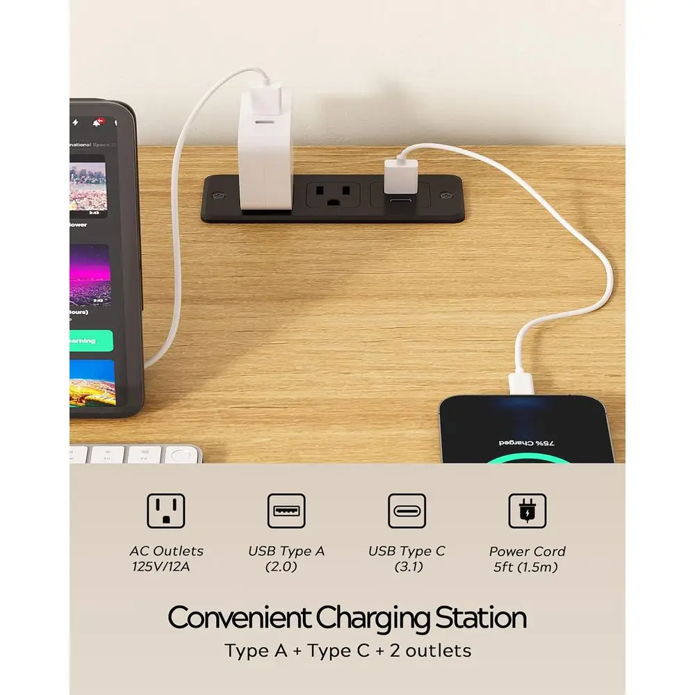 مكتب تنفيذي كبير من خشب البلوط الطبيعي مع قاعدة شحن وأرجل معدنية ورف مفتوح وصينية لوحة المفاتيح