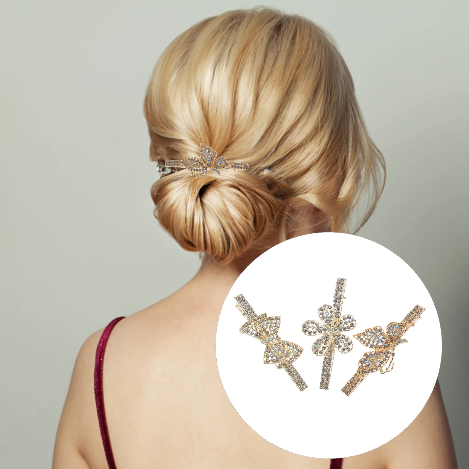 

3Pcs Rhinestone Flower Hair Clips Sparkling Metal Duckbill Clips For Women Girls Hair Accessories Styling Tools