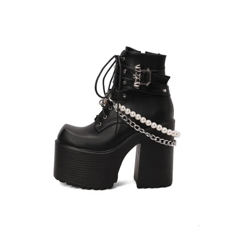 Metal Buckle Pearl Metal chain Lace-up leather ankle Height Increasing Belt buckle design Easy to handle plush inside