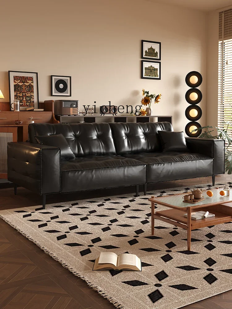 ZZc Retro Pull Buckle Oil Wax Leather Sofa Living Room Antique Style Small Apartment Straight Row Brown