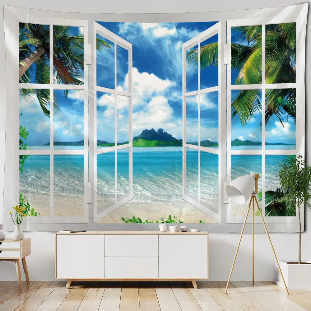 

Imitation window hanging cloth, landscape, home wall decoration, sea, room background cloth, living room, bedroom, dormitory