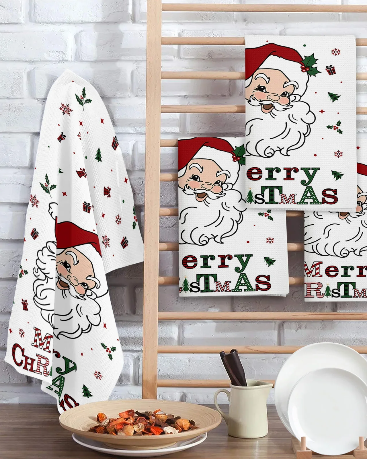 Christmas Winter Santa Claus 30*30cm Waffle Microfiber Kitchen Towel Soft Cleaning Cloth Scouring Pad Wiping Rag