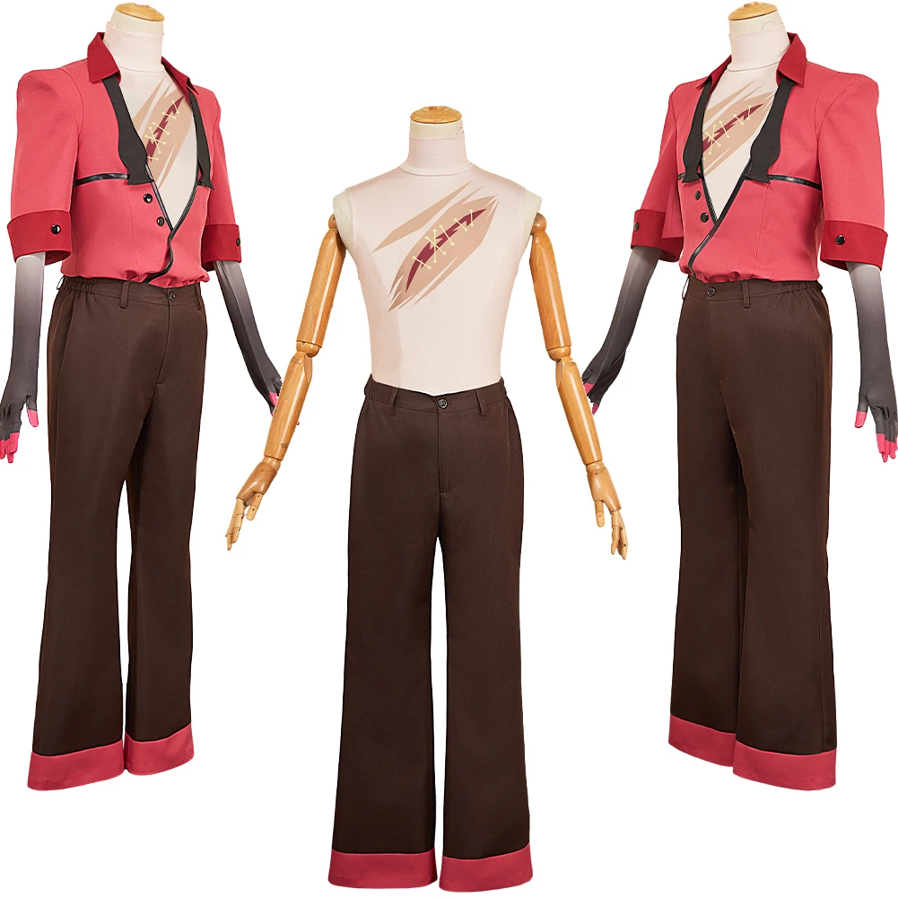 Hell Inn 2 Alastor Cosplay سترة حمراء زي ملابس جرح الصدر مجموعة إكسسوارات وتتسابق السراويل معطف حفلة كرنفال الهالوين