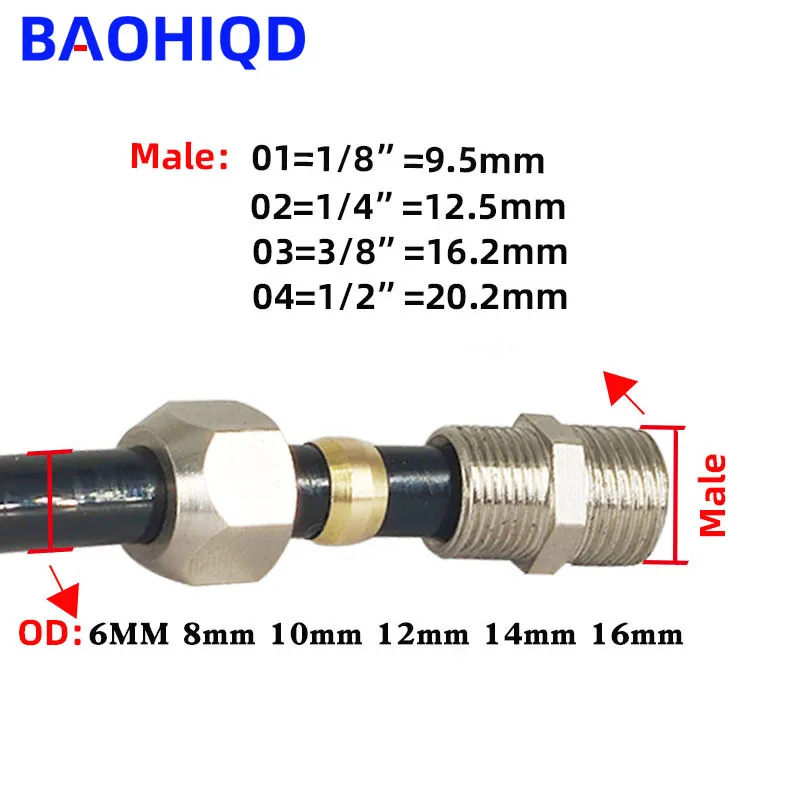 Connecteur de compression à double virole en laiton, tube de 6mm, 8mm, 10mm, 12mm, 14mm, 16mm vers raccord de tuyau mâle 1/8 \