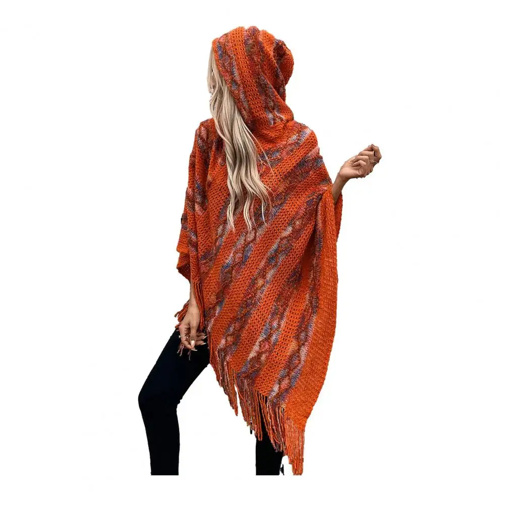 Women Pullover Sweater Hooded Batwing Half Sleeve Tassel Knitting Cape Colorful Striped Asymmetric Hem Wrap Poncho Coat