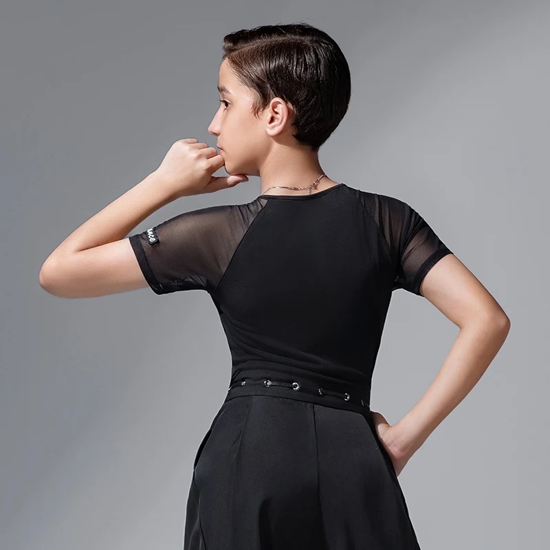 2025 Nieuwe Latin Dance Tops Voor Jongens Korte Mouwen Oefenkleding Kinderen Chacha Rumba Tango Latin Dansvoorstelling Slijtage DQS 20469