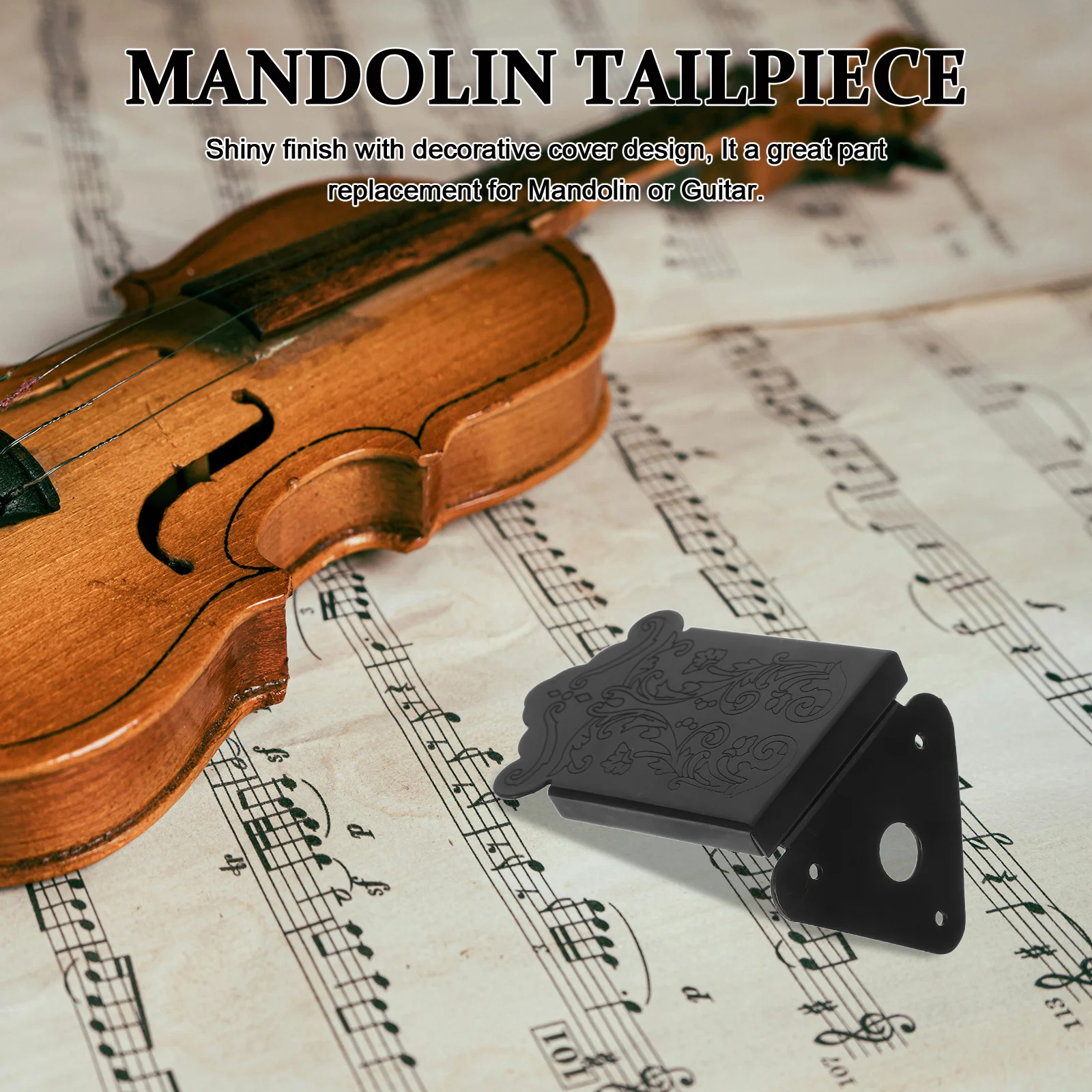 

8-String Mandolin Tailpiece Chrome Black 475x425x08cm Triangle Tailpiece Removable Cover Decorative Flower Pattern Mandolin