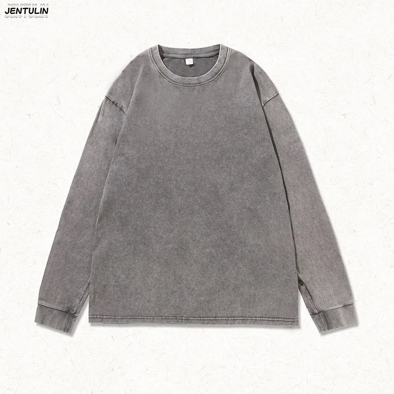 Washed Long Sleeved Stir Fried Snowflake Pure Cotton Aged Round-Neck T-shirt Aesthetic Retro Men's Loose And Trendy T-shirt