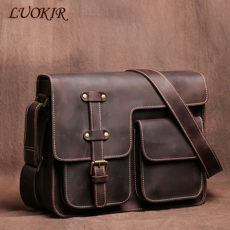 

LUOKIR Genuine High Quality Crazy Horse Cowhide Shoulder Crossbody Bag Men Leather Deluxe Sling Messenger Bag For 12.9 Inch IPad