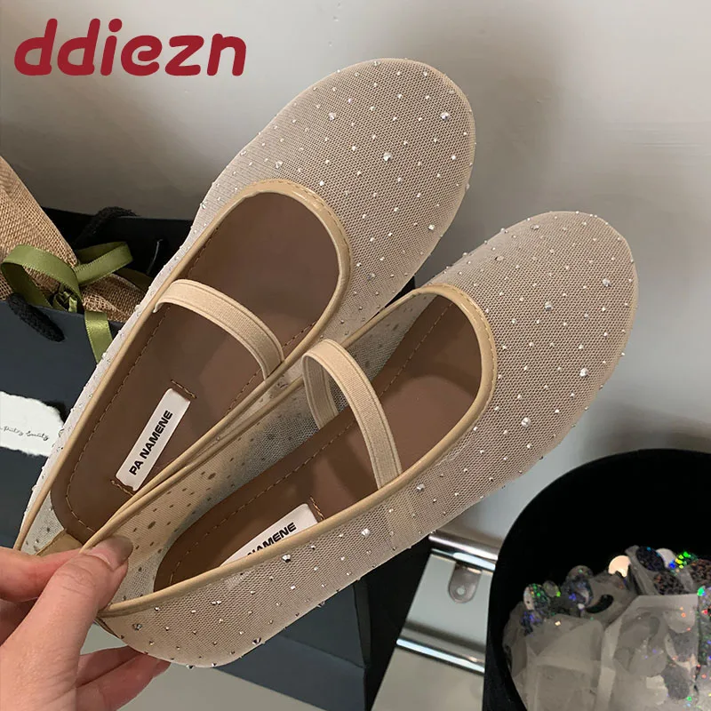 2025 neue Mode Mesh Atmungsaktive Frauen Mary Janes Wohnungen Schuhe Strass Weiblichen Flachen