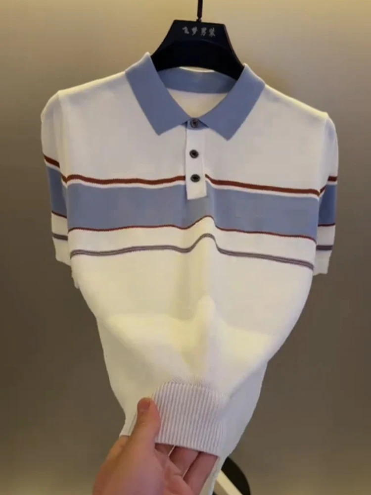 

Business Casual Color Block T-Shirt Men's Summer Fashion Elastic Breathable Short Sleeve Shirt Flip Collar High End Feeling