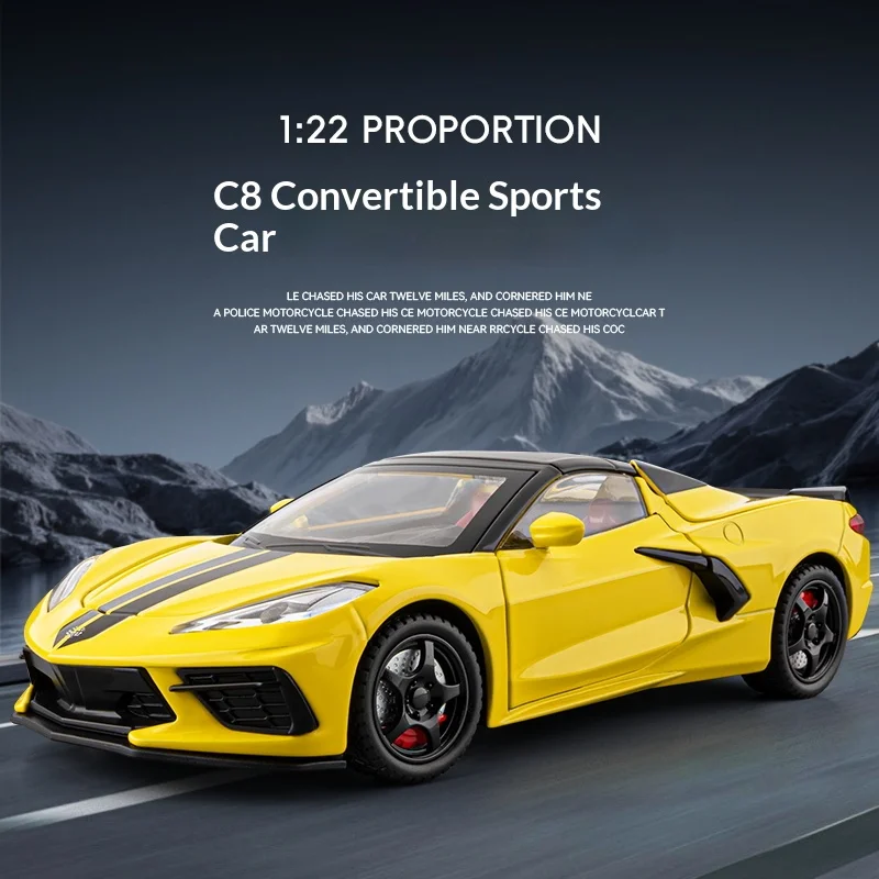 

Масштабная модель автомобиля Corvette C8 (кабриолет) 1:22, литая под давлением, имитация спортивного автомобиля, украшение, детская игрушка, подарок