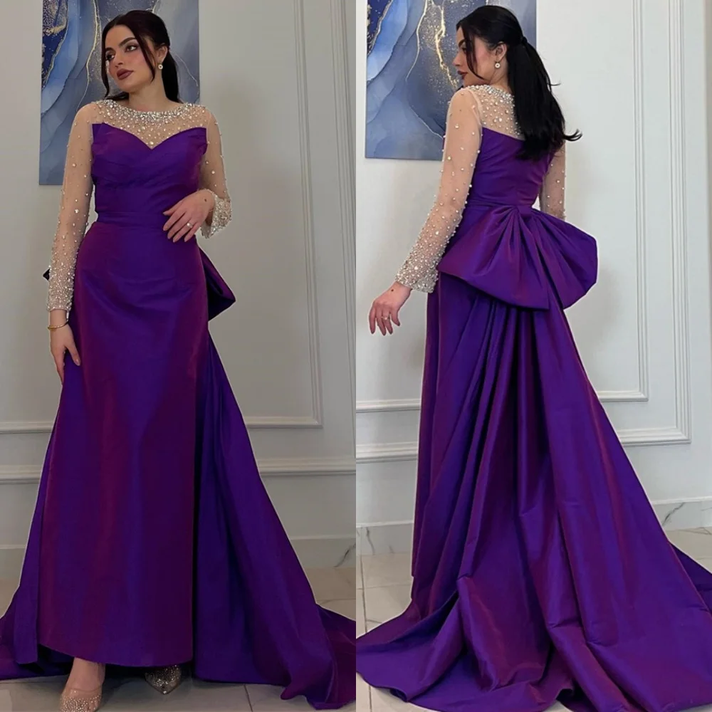 

Блестящие фиолетовые атласные вечерние платья по индивидуальному заказу, модные платья для встречи выпускников с длинными рукавами, изысканные платья для особых случаев