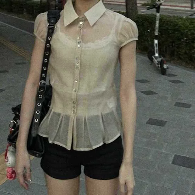 

See-through Bubble Sleeve Shirt Women's Casual Style Polyester Fiber Breathable Short Sleeve Collar Single-color Shirt