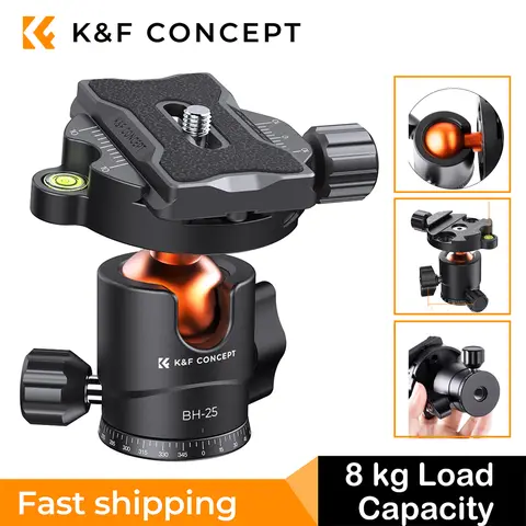 K & F Concept 카메라 삼각대 볼 헤드, 1/4 인치 퀵릴리즈 플레이트, 스피릿 레벨 8 kg 적재 용량, 25mm 삼각대 카메라용