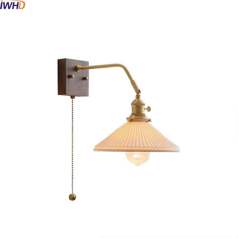 

IWHD Ceramic Walnut LED Wall Lamp Pull Chain Switch Indoor Living Room Bedroom Home Decor Nordic Stair Light Fixtures Luminaria