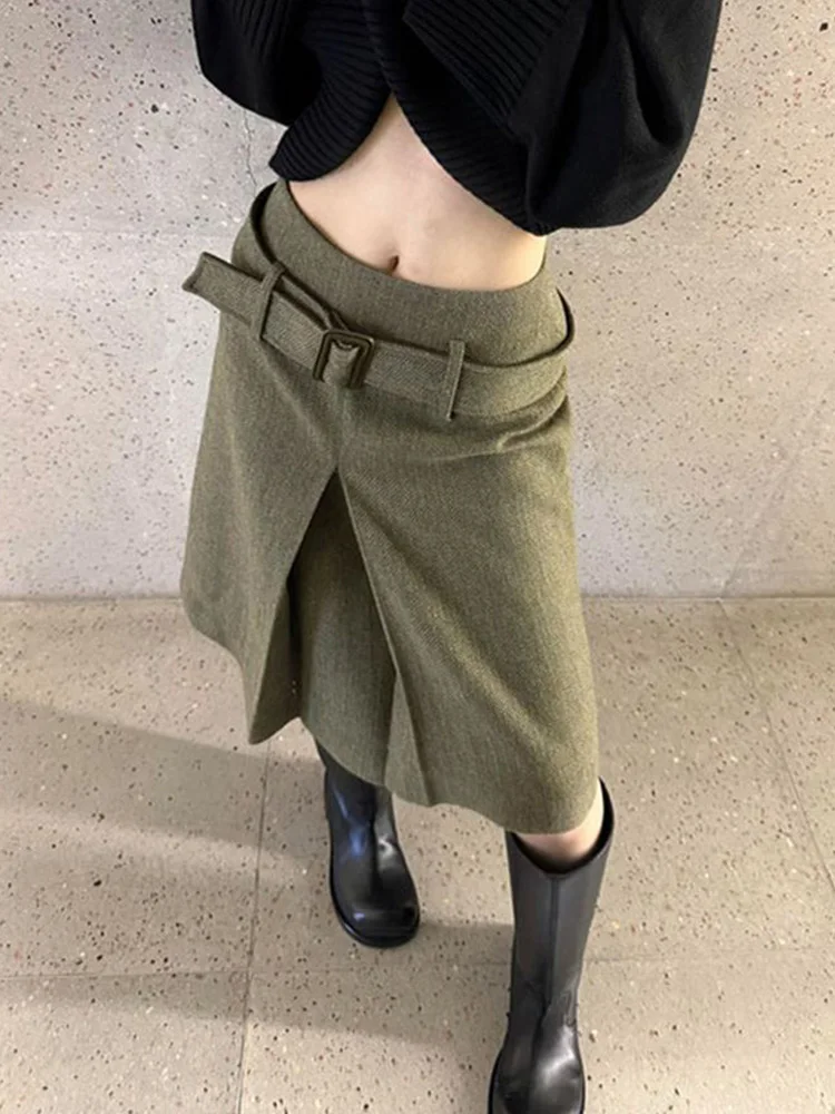 Faux Woolen Vintage Midi Skirts Women Fall Winter High Waist Sweet Belt A Line Skirt Korean Casual Retro Female Solid Slim Skirt