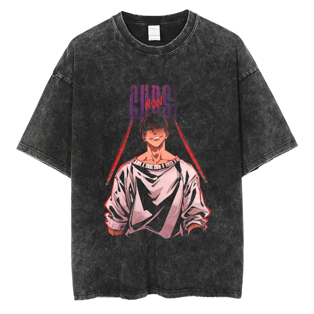 

Men Washed Black Oversize Tshirt Anime Graphic Print T-shirt Summer Streetwear Short Sleeve Tshirt Harajuku Cotton Tee