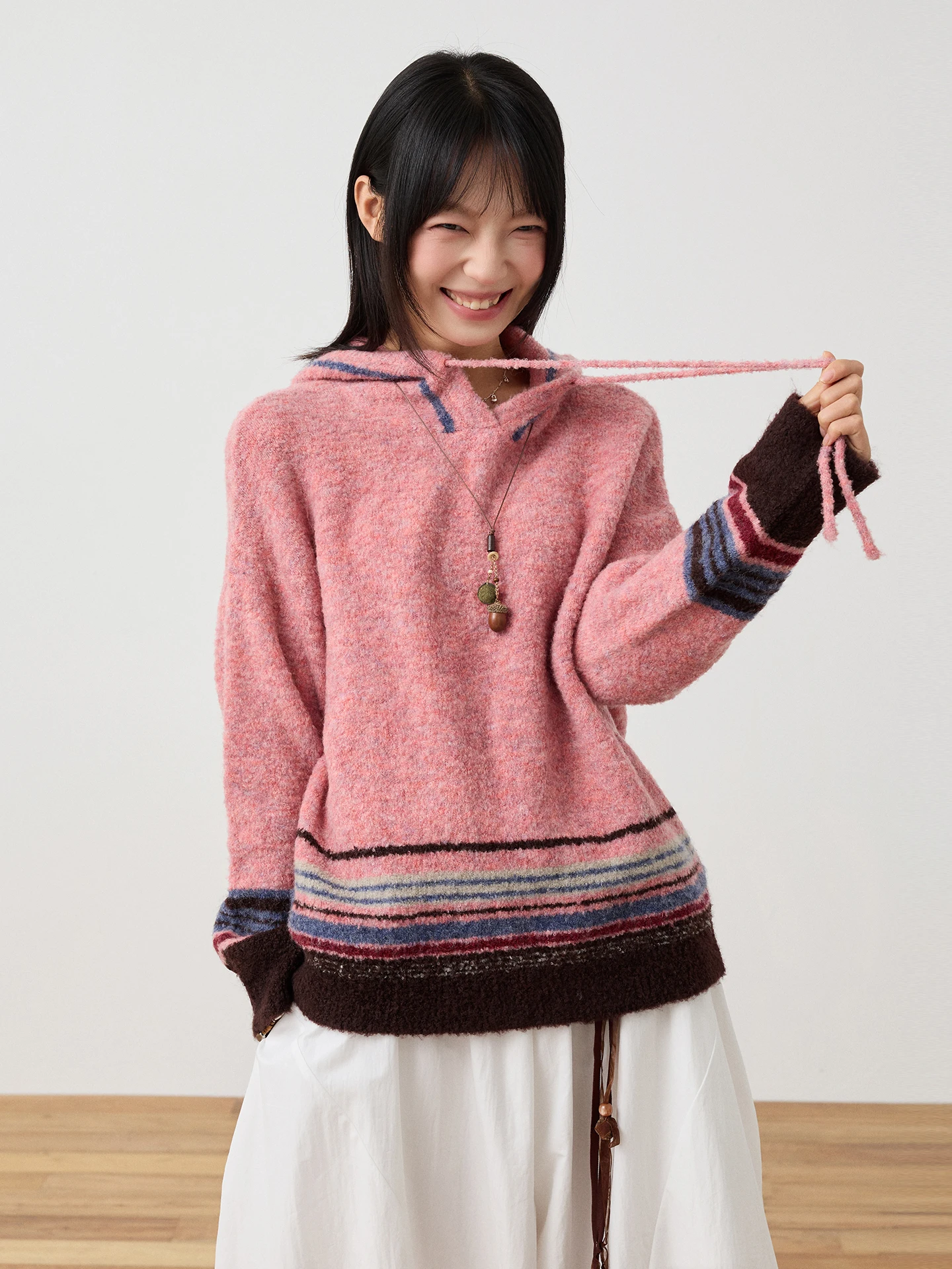 

Octopusme Retro Hooded Striped Sweater Women's Autumn Overhead Knittedwear Casual Sle Long Sve Loose Fit Top