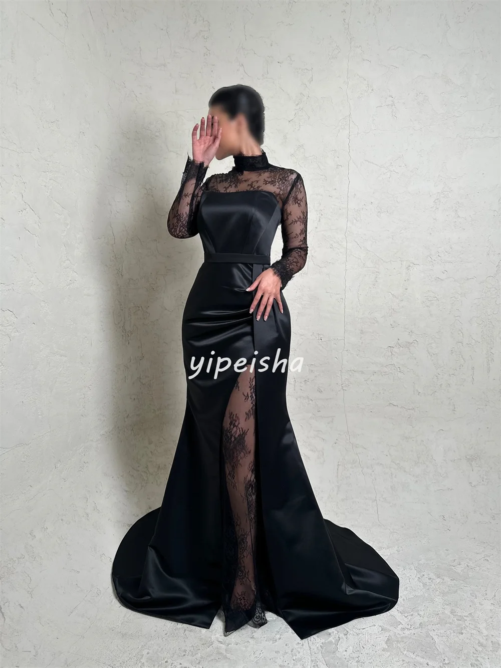 تخصيص جودة عالية أزياء Charmeuse الدانتيل الطية حورية البحر عالية الياقة فساتين طويلة فساتين مناسبة مخصصة الطراز الحديث