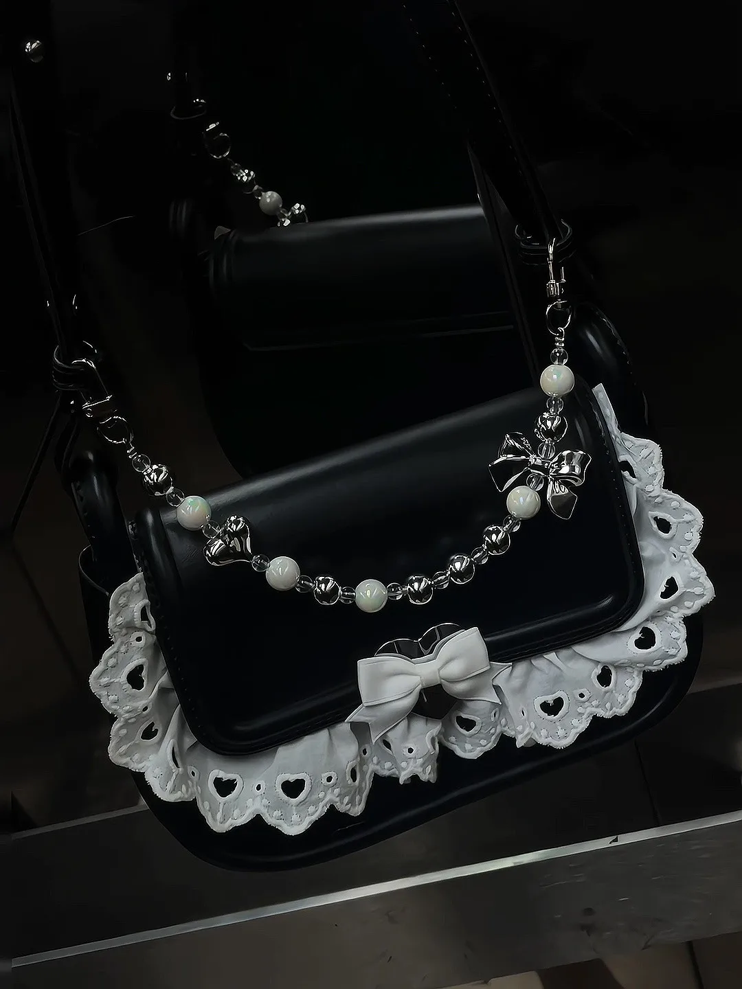 Black Love Lace Underarm Bag Pearl Bow Chain Sweet Cool Lolita Shoulder Bag Fashion Exquisite Y2k Women's Small Square Bag