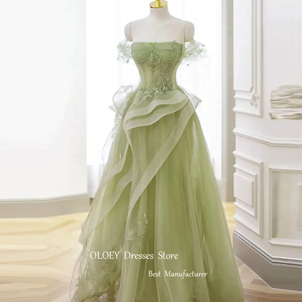 OLOEY Fairy Light Green Tulle A Line Long Evening Dresses Korea Wedding Photo shoot Flowers Pearls Ruffles Party Prom Gowns