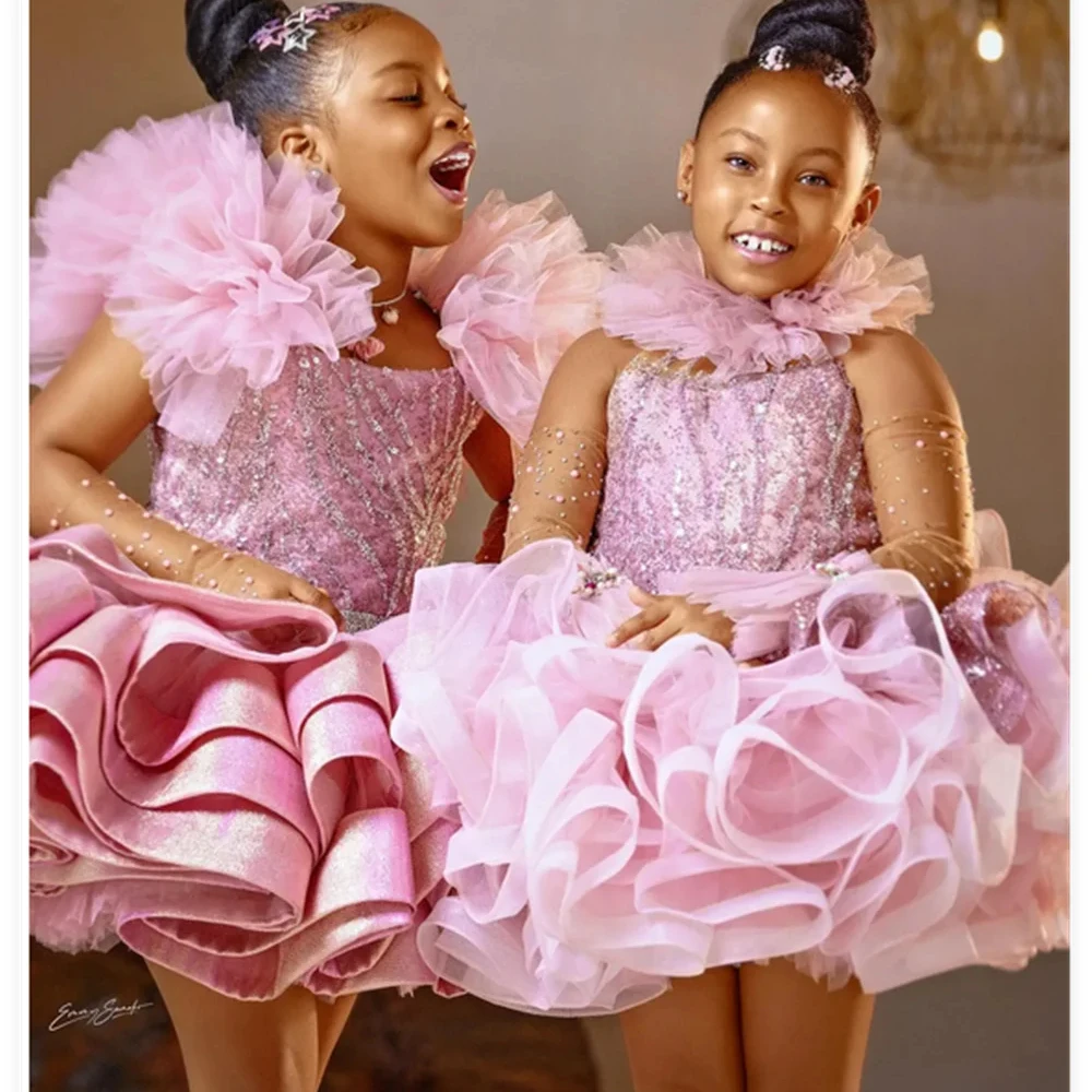 Customized Pink Flower Girl Dress For Wedding Beading Satin Sleeveless High Waist Elegant Kids Birthday First Communion Gown