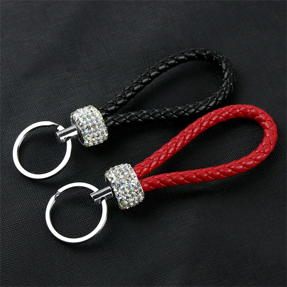 Handmade PU Leather Rope Keychains Sparkling Crystal Key Chains For Women Men Girl Key Holder Car Bag Accessories Gift Keyring