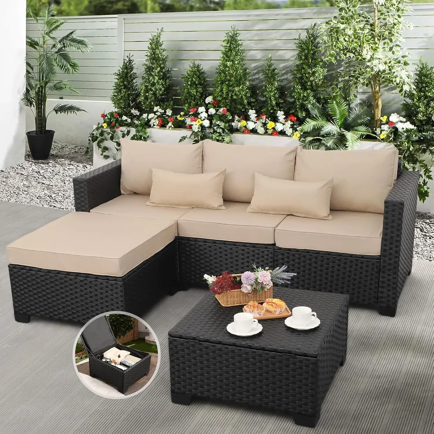 

Outdoor Furniture Set 3 Pieces Wicker Patio Furniture Storage All-Weather No-Slip Cushions Waterproof Covers, Khaki