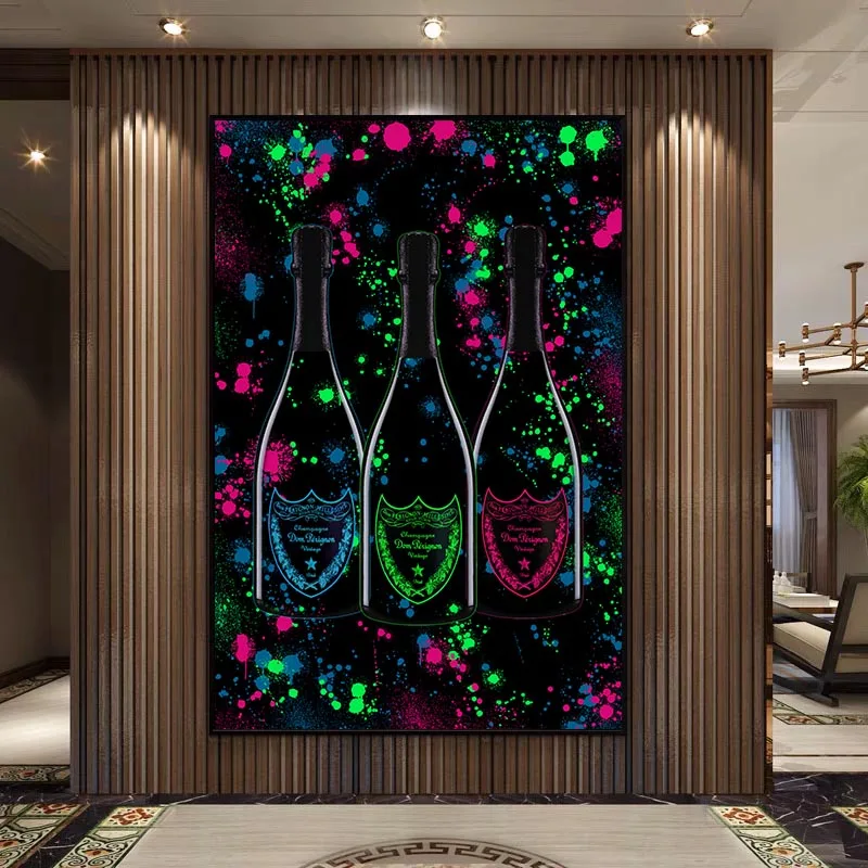 

Colorful Champagne Bottle Canvas Painting Graffiti Posters and Prints Mordern Pop Wall Art Pictures for Home Living Room Decor