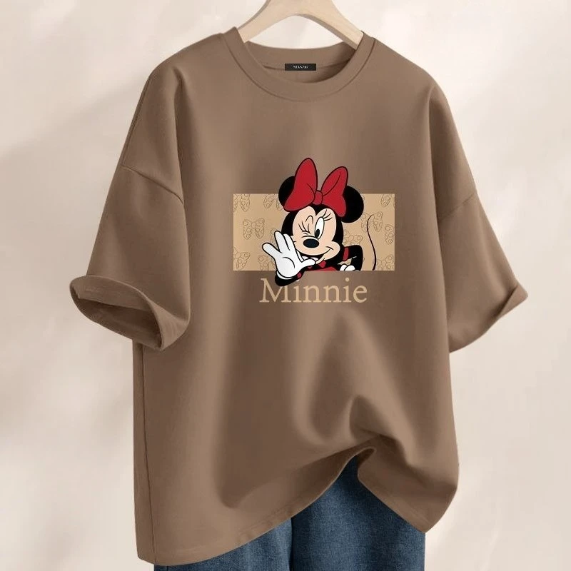 

Cotton Mickey Minnie Couple T-shirt, Summer Loose Short Sleeve, Cartoon Print Unisex Soft Breathable Casual Daily Wear Tops
