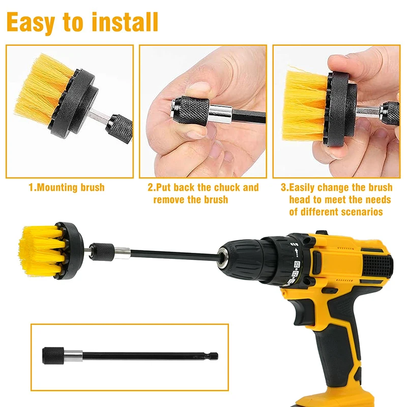 Zestaw szczotek do wiertarki, 6 szt. szczotek do czyszczenia z mocowaniem 1/4 cala z 1 szt. przedłużką, szczotka do czyszczenia zasilana elektrycznie