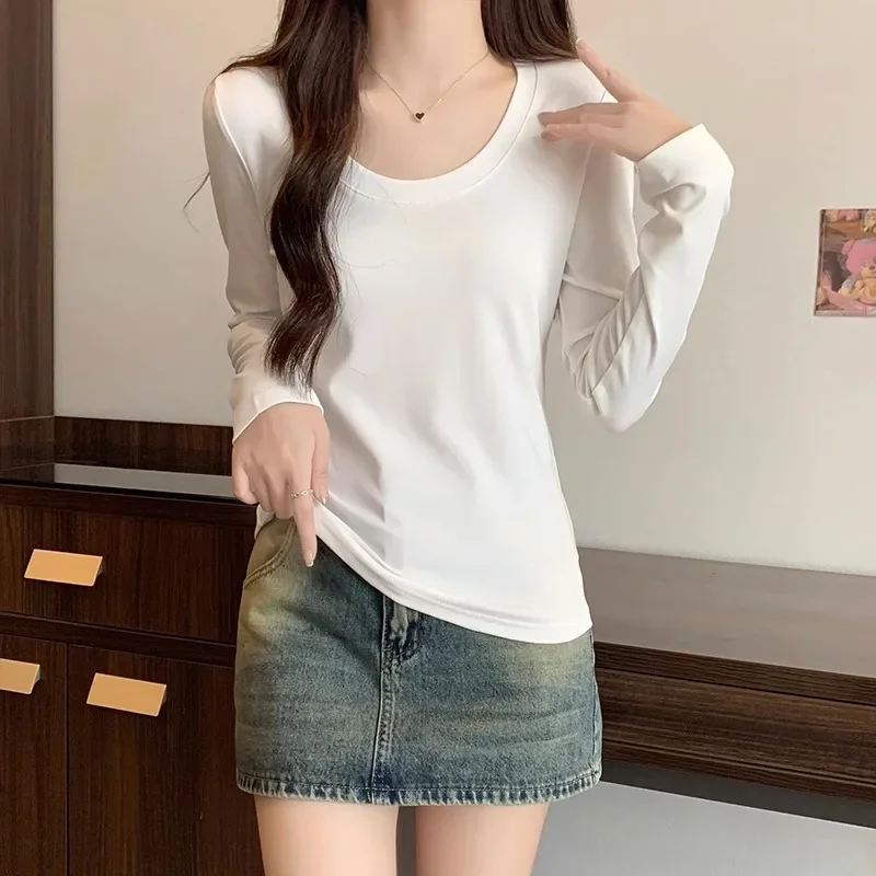 Women New Pure Cotton Big U-Neck T-shirts Long Sleeve Solid Colors Elastic Slim Tops Sping Autumn Simple Casual Bottoming Shirts
