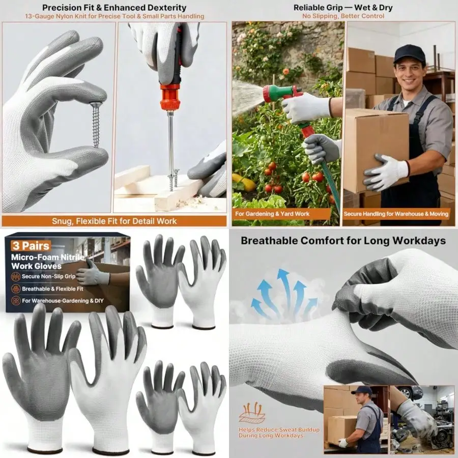 

Nitrile Coated Work Gloves For Men And Women 3 Pairs 13-Gauge Nylon Knit Secure Non-Slip Grip Lightweight And Breathable For Warehouse Gardening Automotive Moving And DIY Tasks Large