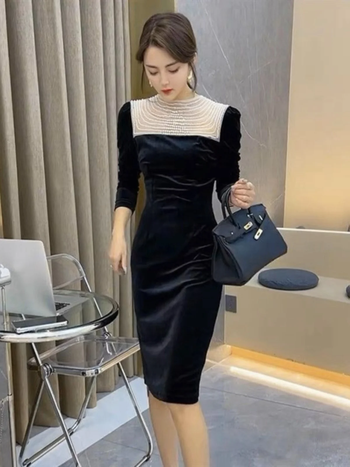 

Юбка миди Ele Gold Velvet с вышивкой, облегающая, универсальная, базовая, осенняя, модная, с круглым вырезом, длинная, с рукавами