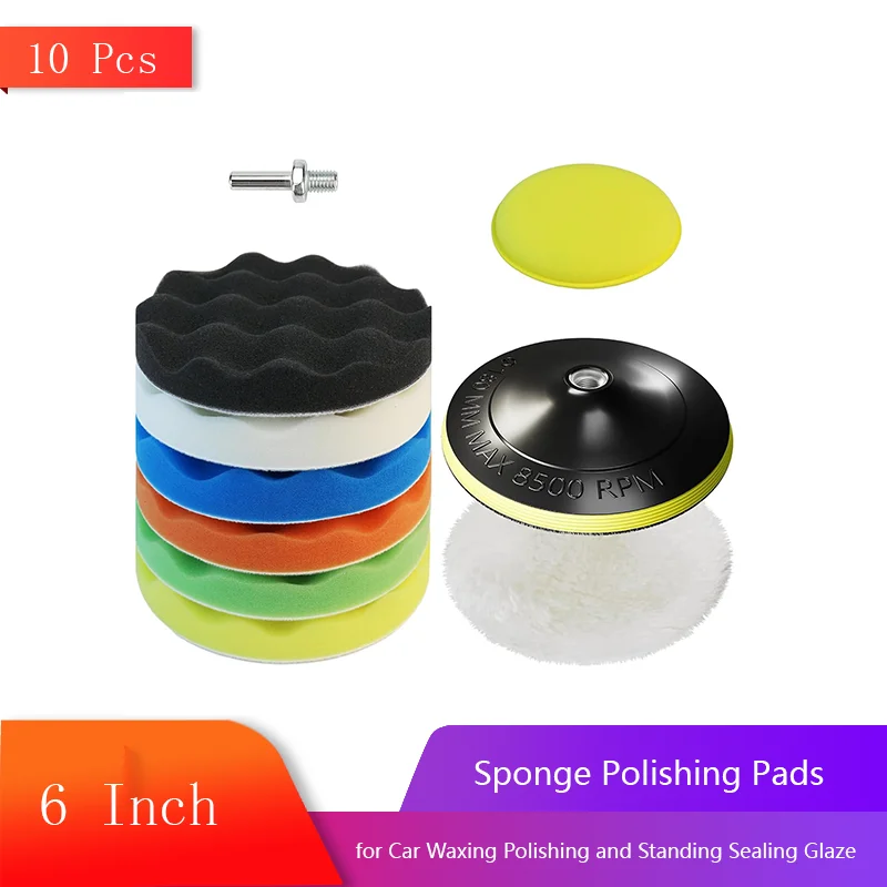 

6 Inch Sponge Polishing Pads 10 Pcs with Woolen Buffer Pad Drill Adapter for Car Waxing Polishing and Standing Sealing Glaze