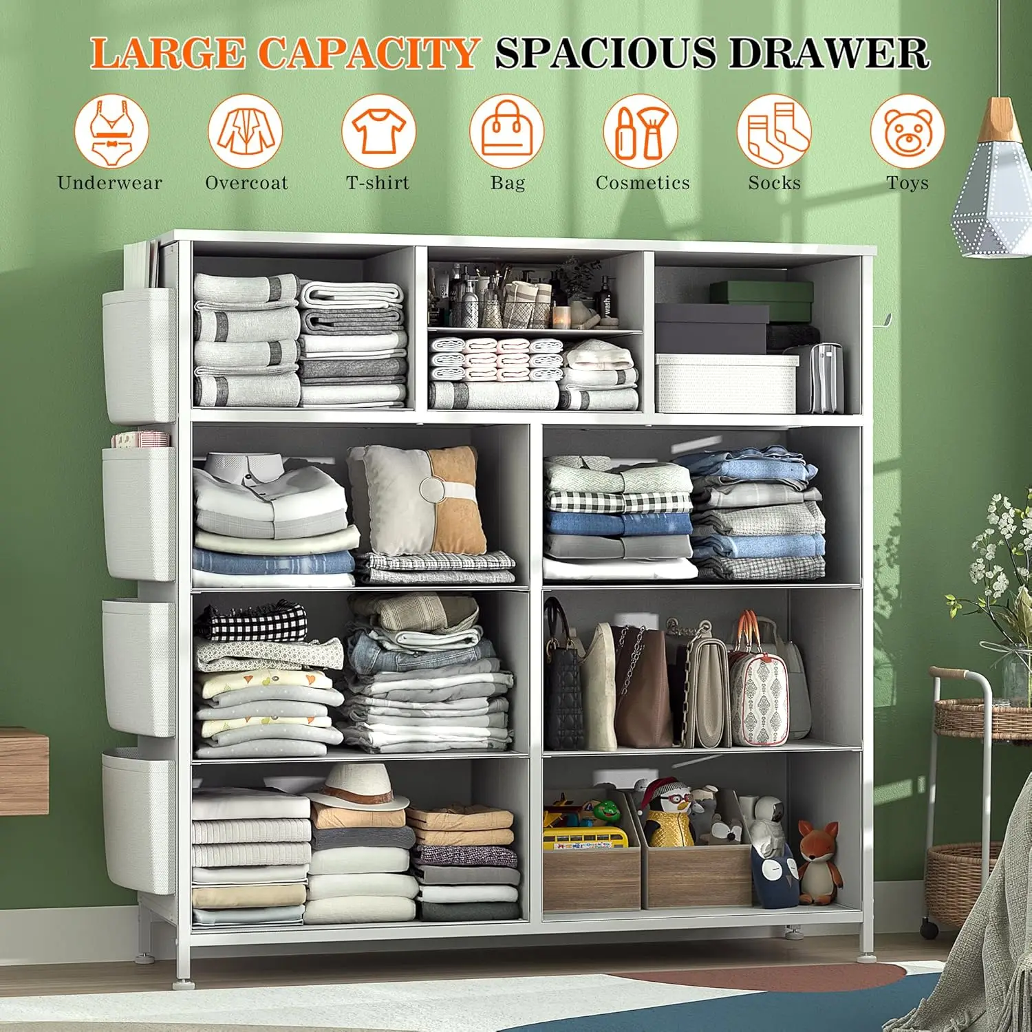 White Dresser for Bedroom with 10 Drawers, Chest of Drawers with Side Pockets and Hooks, PU Storage Dresser, Organizer Un