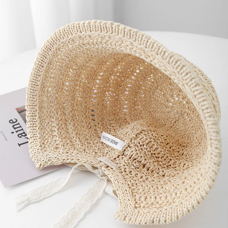 Cottagecore หมวกผู้หญิงโครเชต์ลูกไม้รายละเอียดฤดูร้อนเกาหลีหมวกถักระบายอากาศสําหรับงานแต่งงานชายหาดและปิกนิก Sun Hat