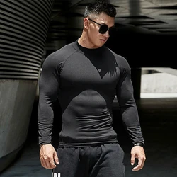 Plain Compression Tight Elastic Shirt Breathable Quick Dry Mens Long Sleeve Clothing Gym Bodybuilding Fitness Turtleneck T-shirt