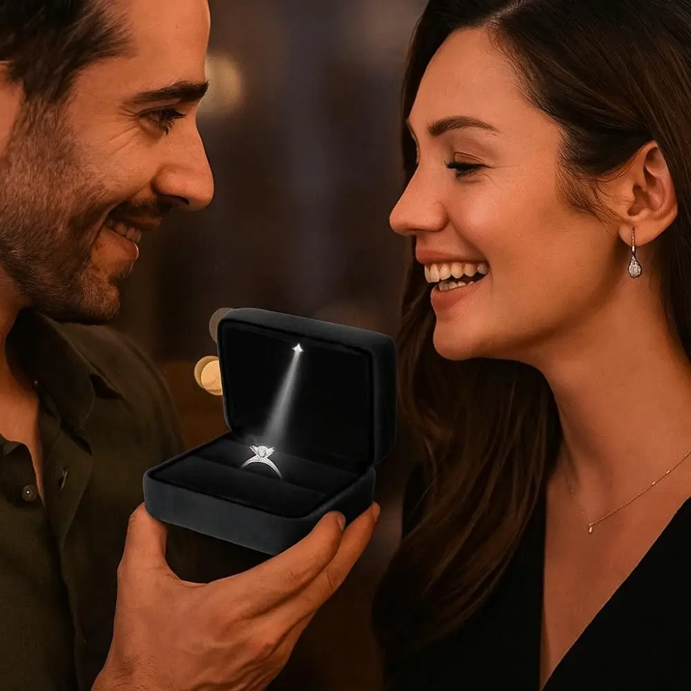 Kotak Cincin Beludru Persegi dengan Lampu LED, Kotak Cincin Pernikahan Warna Solid, Kotak Kemasan Hadiah Anting