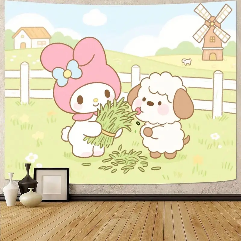 

1 шт. Sanrio My Melody розовый кавайный гобелен милая овечья ферма сцена полиэстер настенное искусство подарок девушке декор для спальни и гостиной
