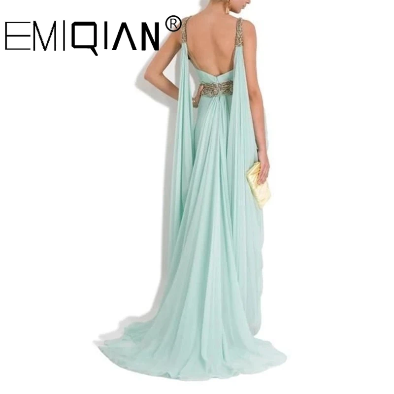 V Neck Backless Long Chiffon Pageant Dresses,Gold Beaded Evening Dresses,Formal Evening Gowns