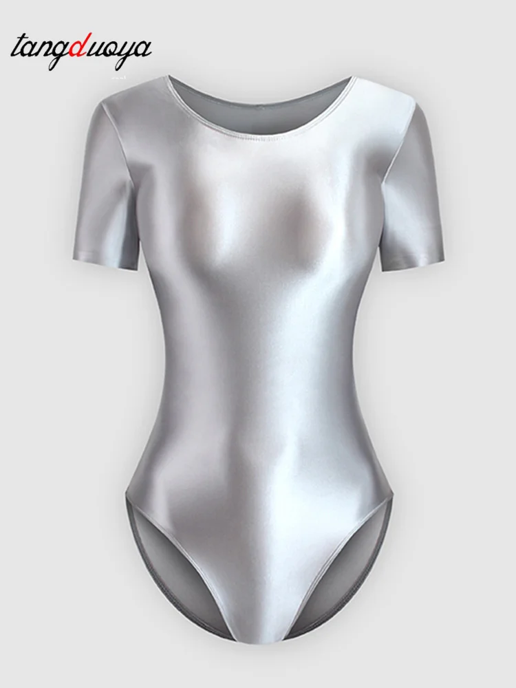 セクシーな大人の体操レオタードタイトフィットヨガボディスーツタイトフィットジャンプスーツ女性用シルキー光沢のあるバレエダンストップワンピース