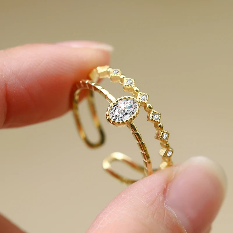 Creative Hollow Genuine S925 Silver 14K Gold Opening Adjustable Fashion Personality Commuting Versatile Ring Women's Jewelry