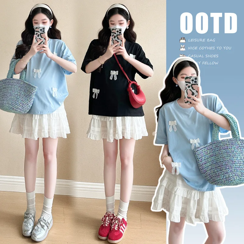 

Inspired Petite Maternity Set Summer Lace Trim Bow Detail Tee with Flowy Skirt Comfortable Two Piece Outfit for Pregnant Women