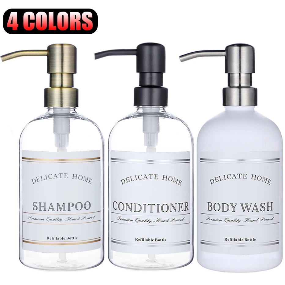 Apothecary Soap Dispenser Elegant Bathroom Shower Bottle Stainless Steel Pump Plastic Bottle for Shampoo Conditioner Body Wash