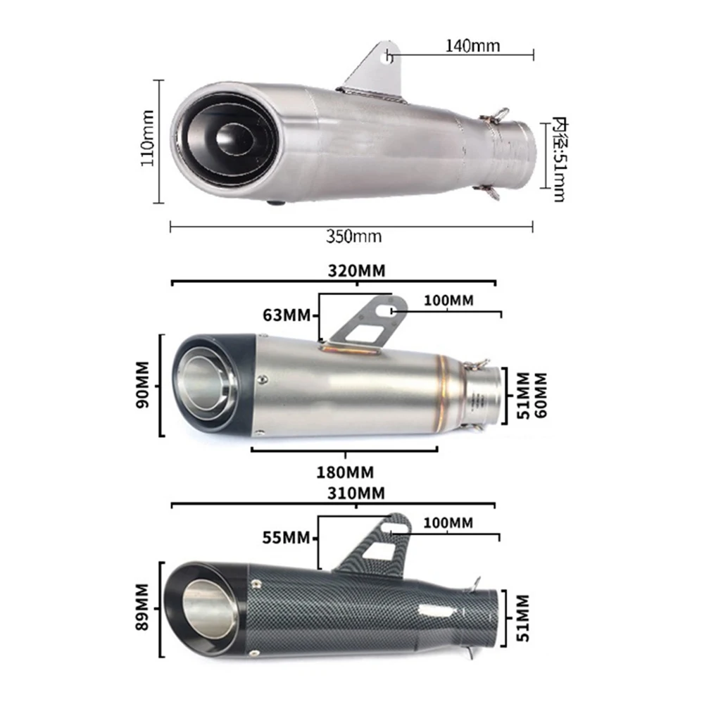 51/60mm  Exhaust Pipe For Yamaha R1 R3 R6 Ninja 400 CBR600RR Z800 Z900 Z1000 GSXR MT07 Motorcycle Muffler